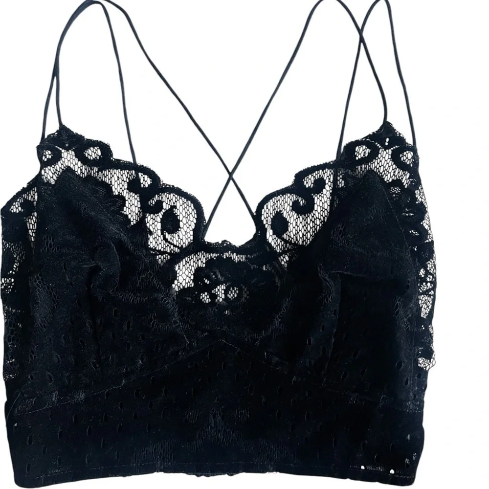Free People  Madonna Velvet Lace Bralette size Small Black Grunge Baddie